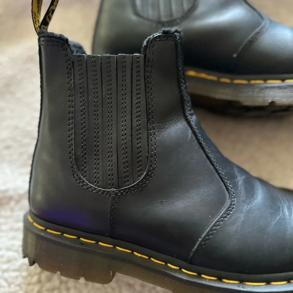 Dr. Martens Black Leather Chelsea Ankle Boots with Yellow Stitching